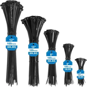 500 Pack  Black Zip Ties - 4/6/8/10/12" Nylon  Ties (100 pcs Each), Industrial PA66, UV & UL94V-2