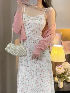 Women's Summer New Korean Style Sweet Thin Floral Spaghetti Strap Dress, Womenswear, Woven Fabric, Fitted Design, Perfect for Casual Wear