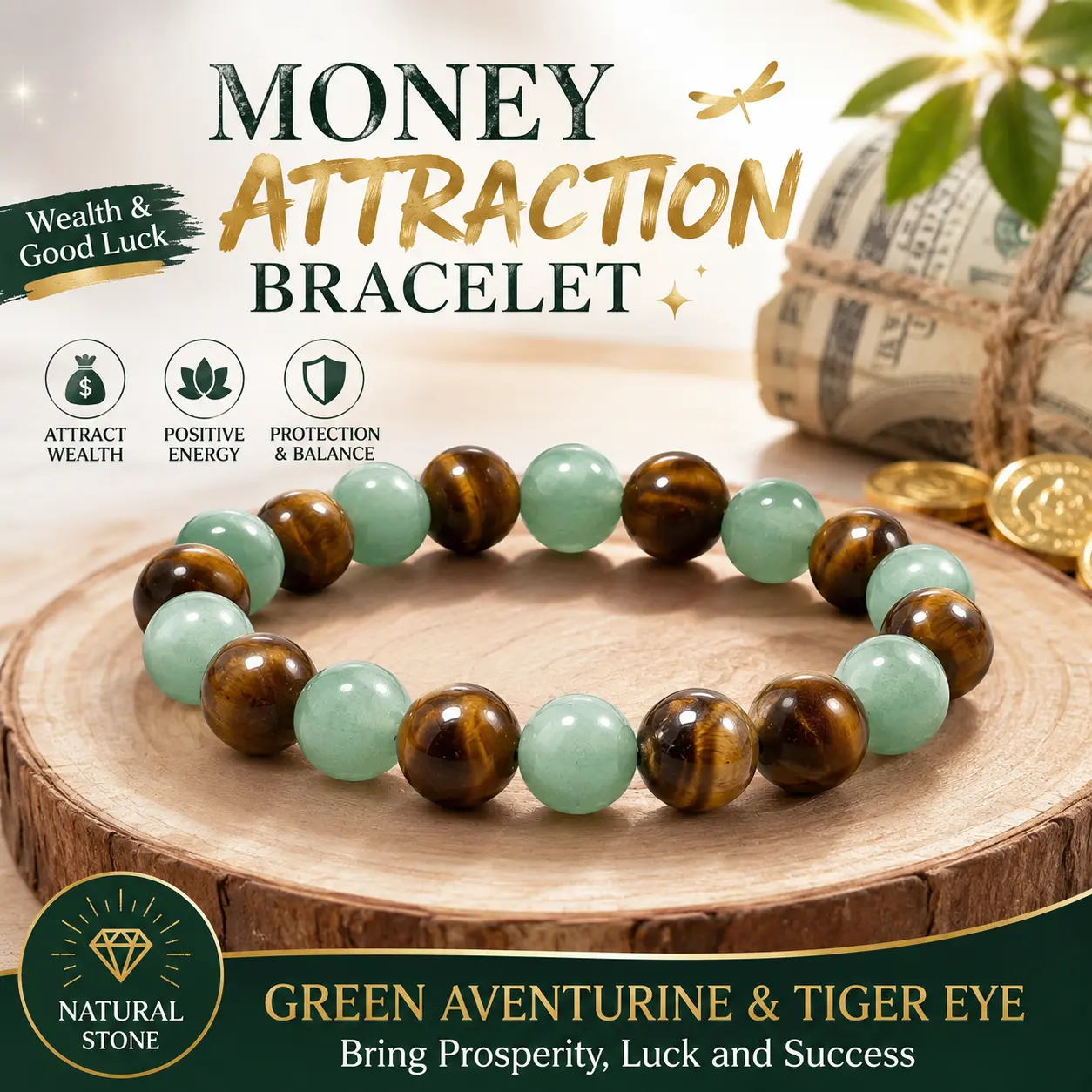 Green Aventurine & Tiger Eye Beaded Bracelet for Women and Men, 8mm Elastic Natural Stone Money Attraction Good Luck Bracelet, Positive Energy Jewelry Gift