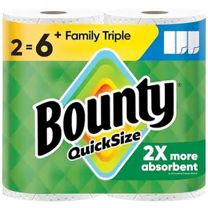 Bounty Paper Towels Quick Size, White, 2 Family Triple Rolls = 6+ Regular Rolls