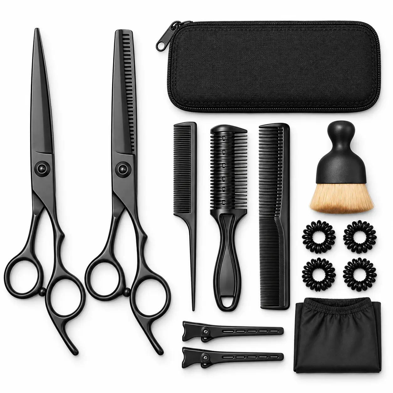 Stainless Steel Hair Cutting Scissors Set with Thinning Shears, Combs, Clips, Cape & Zipper Case for Home, Salon Use