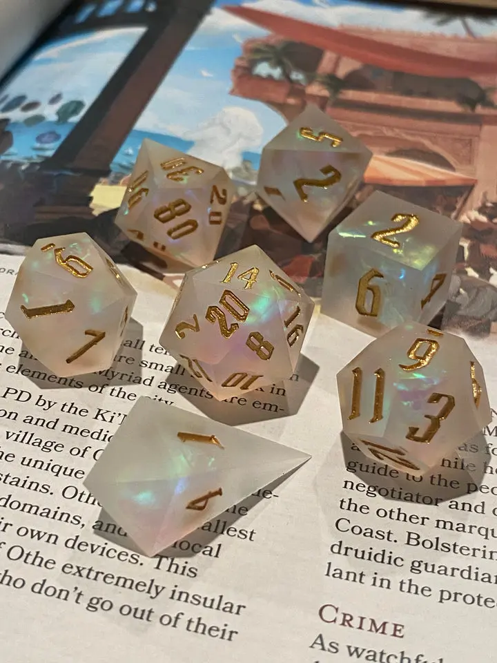 Illuminate Frosted Matte Sharp-Edge RPG Dice Set – Prismatic Foil Glow Effect, Gold Numbers and Unique Shard D4 – DnD Polyhedral Dice