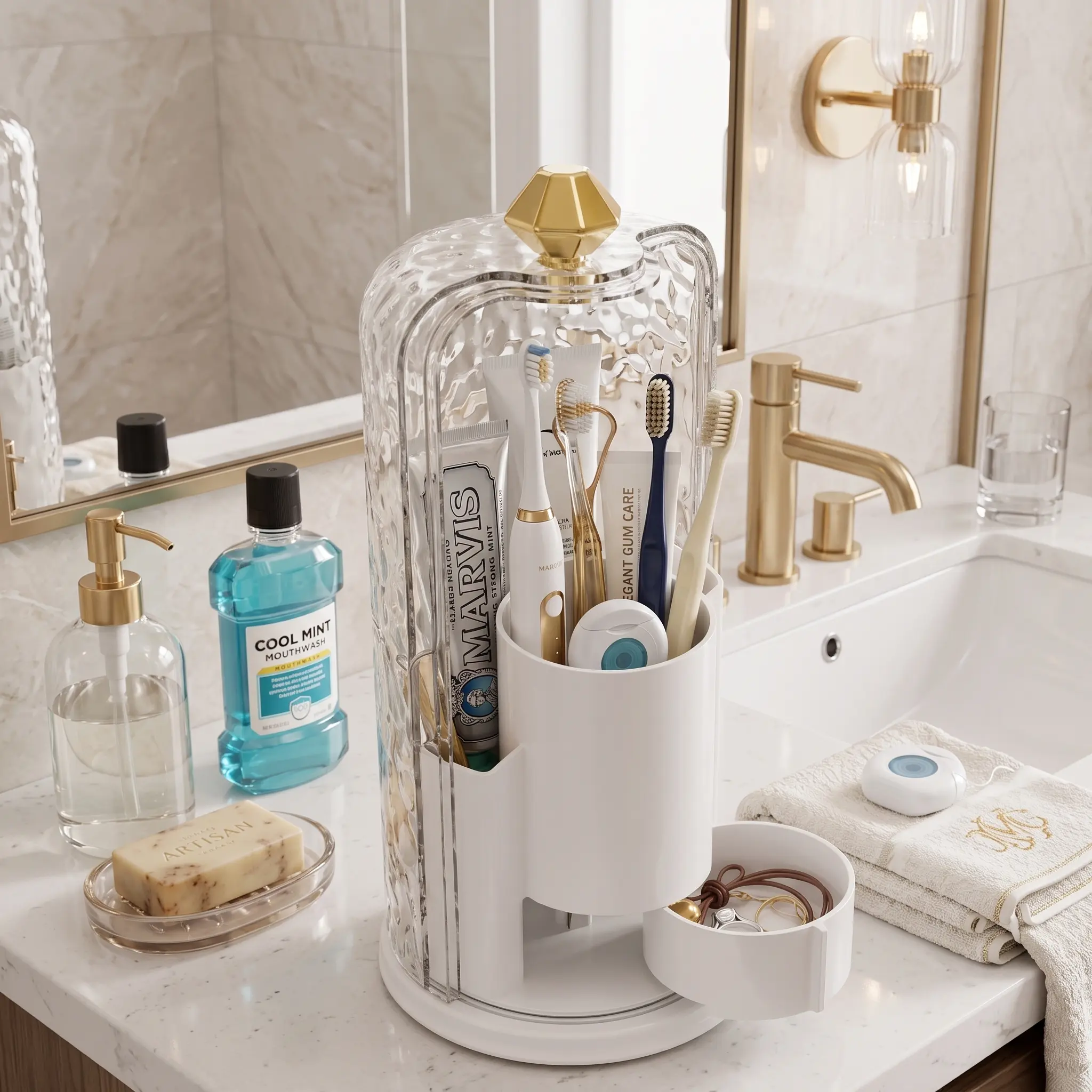 Upgrade Clear Dustproof Toothbrush Holder Organizer with Lid 360° Rotating Storage Box, Compact Versatile Space-Saving Bathroom Countertop Accessory, Aesthetic Vanity Decor, Dorm Essentials for Hygiene Organization