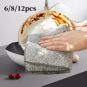 6/8/12pcs Bamboo Fiber Cleaning Cloths, Reusable Kitchen Dishwashing Towels, Multi-Use Bathroom Mop Pads, Versatile Cleaning Supplies