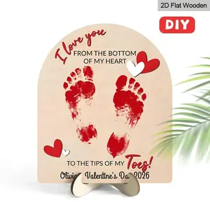Wooden Valentine's Day Decorative Plaque, Classic Vintage Style, Lip Print Handprint Footprint Design, Dual Function Tabletop & Wall Hanging
