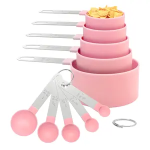 10-Piece Stackable Measure Cups and Spoons Set, Kitchen Utensils with Stainless Steel Handles for Cooking, Baking (Pink)