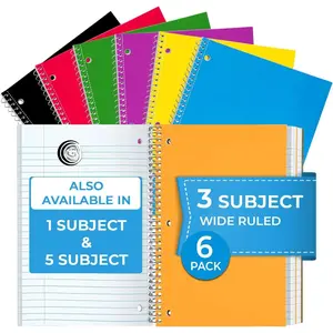3 Subject Notebook Wide Ruled, 6 Pack, Long Lasting, Extra Pages - 300 Pages (150 Sheets), No-Bleed Thick Paper, 3 Hole Punched, 8x10-1/2, 3 Subject Spiral Notebook for School,  & Office