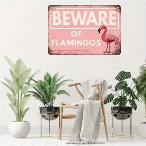 Flamingo Pattern Vintage Metal Sign, Beware Of Flamingos Sign, Outdoor Safety Sign for Garden Lawn Decor, Hazard Warning Sign, Home Decor