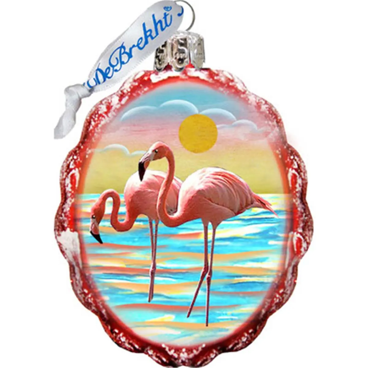 GDeBrekht 777375 Traditional Artistic Satin-Painted Transparent Coastal Flamingo at Sunset Glass Ornament - Festive Holiday Tree Decoration, Beautiful Christmas and Holiday Gifts with Box, Home & Party Supply, Artisanal