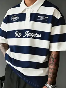 Men's Classic Casual Short-Sleeve Polo Shirt, Graphic Loose-Fit Design, Unique Earth Logo & La Script, Perfect for Daily Wear & Street Style