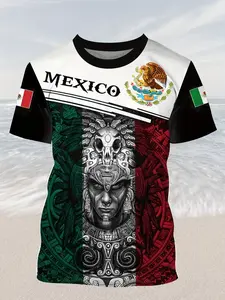 [Sporty and comfortable] Men's Mexican-themed T-shirt - Casual polyester fabric, pinhole breathable, crew neck, short sleeves, vibrant eagle and snake emblem print, machine washable, summer, Athletic T Shirt, Athletic Top