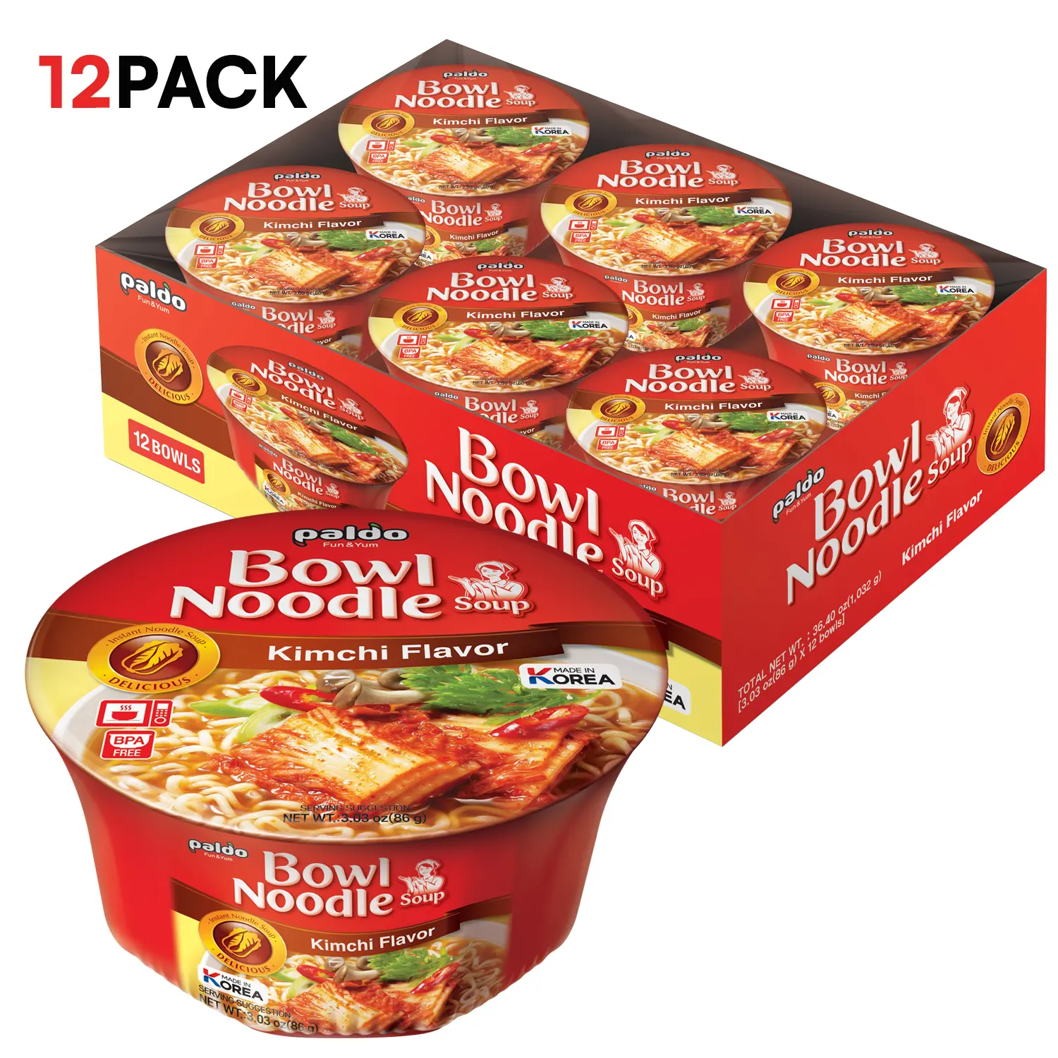 [Paldo Official]Paldo Fun & Yum Instant Cup Noodle Soup Bowl with Kimchi Flavored Broth, Pack of 12, Best Oriental Style Korean Ramyun, Most Loved Korean Noodles, 팔도 김치 사발면 86g (3.03 oz) x 12