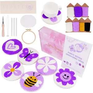 Punch Needle Kit for Adults Beginner - Complete Punch Stitching Kits with 6 Patterned Fabrics, Felt, Yarns, Tools and Instructions - Easy Embroidery Coaster Kit for Craft Enthusiasts