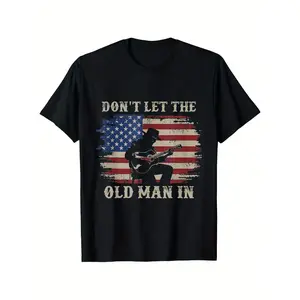 Vintage "Don't Let the Old Man In" Cowboy American Flag Graphic T-Shirt - 100% Cotton, S-XXXL, Black Stars & Stripes Design, Casual Outdoor Men's Tee, American Flag Attire, Metalcore Style Round Neck Menswear