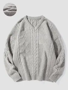 Men's Solid V Neck Cable Knit Sweater, Regular Fit Casual Drop Shoulder Long Sleeve Jumper, Men's Knitwear for Fall & Winter