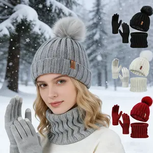 Three-piece Winter Warm Set - Unisex Acrylic Gloves, Hat, and Scarf with Pom-pom for Christmas, New Year, and Valentine's Day Gifts