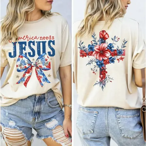 America Needs Jesus Flower 2 Sided Shirt, Christian America Coquette Bow Tee, Usa Flag Flowal Cross ,Christian 4th of July Tee