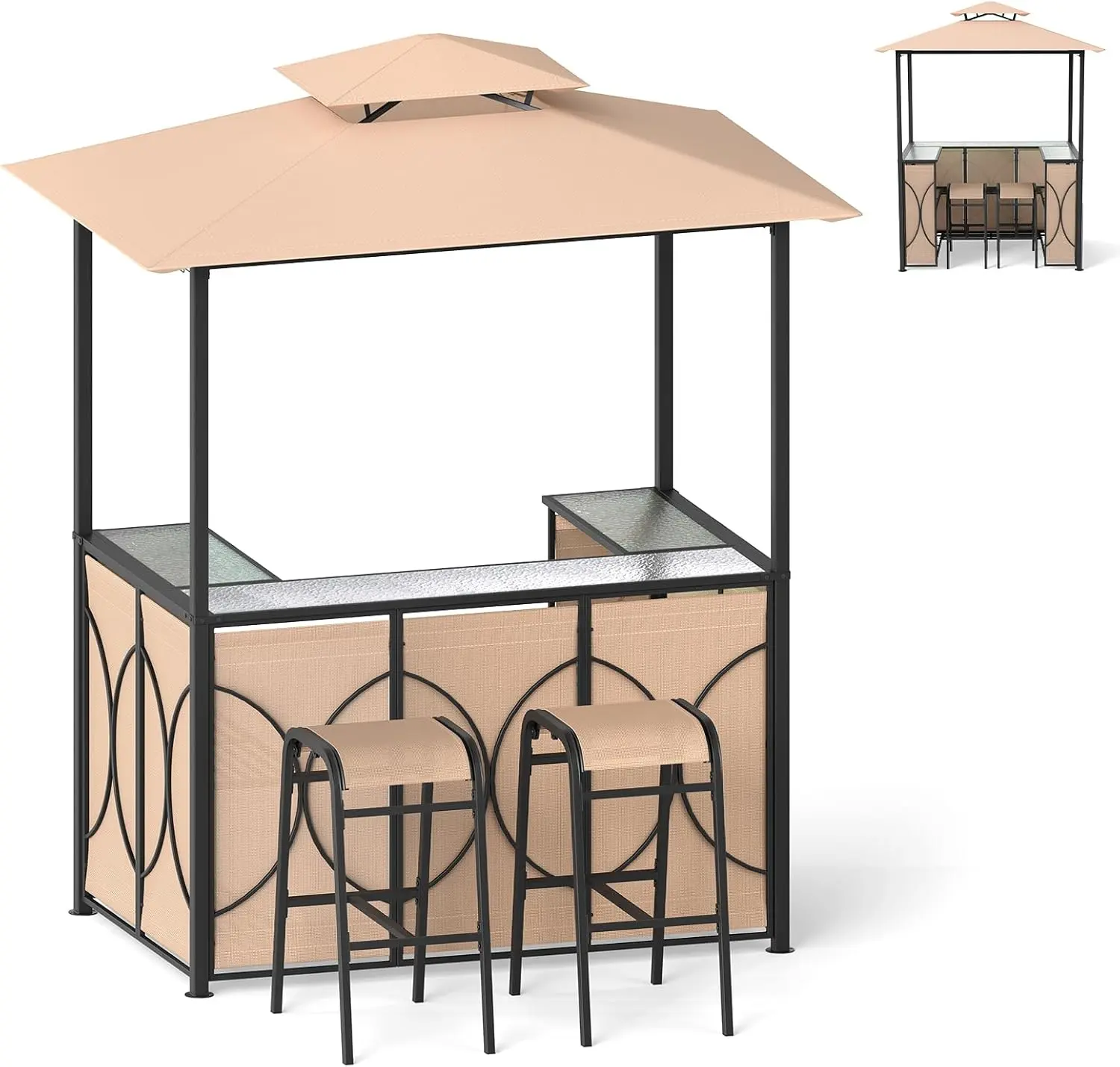 Vallmore 3-Piece BBQ Bar Set with Grill Shelter, 2 Bar Stools, Tempered Glass Table, 4-Row Wine Glass Holders, 2-Tier Shelves, Double Vented Roof, Stools Tuck Under – Brown
