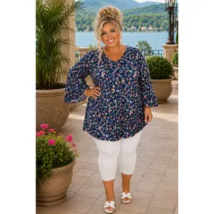 52 PQ-D {Wonder Of Floral} Navy Floral Printed Top EXTENDED PLUS SIZE 3X 4X 5X