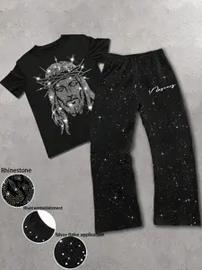 Men's Rhinestone Jesus Print Short Sleeve T-Shirt & Silver Color Long Pants Set, Casual Fit, Perfect for Daily Wear, Fashionable Men's Clothing, Menswear