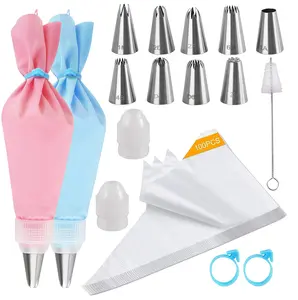 Piping Bags and Tips Set, 116 Pcs Cake Decorating Kit with 9 Piping Tips,100 Pastry Bags and 2 reusable silicone bags，2 Couplers, 2 Icing Bags Ties，1 cleaning brush，Pastry Cake Decorating Tips Baking Tools for Cookies, Cupcakes & Frosting Pastry Nozzles