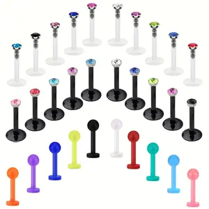 Multi-Color Labret Stud Set, 32-Piece Pack with Clear & Black Acrylic Bases, Featuring CZ Crystal and Solid Ball Tops in Assorted Vibrant Colors, Versatile Piercing Jewelry for Lips & Cartilage