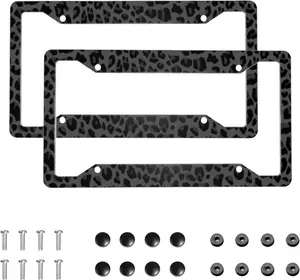 2 Pack Black, Leopard, License Plate Frame, Rustproof Car Tag Holder with Screws, Fits Standard US Cars Trucks