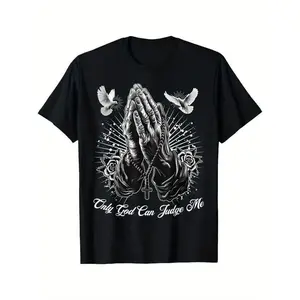 [Winter Outfits]Only God Can Judge Me Prayer Hands Chicano Tattoo Doves T-Shirt, 100% Cotton Fabric, Crew Neck, Short Sleeve, Stretch Fabric, Machine Washable - Perfect for All Seasons, Leisure Style, Conventional Version Man Menswear