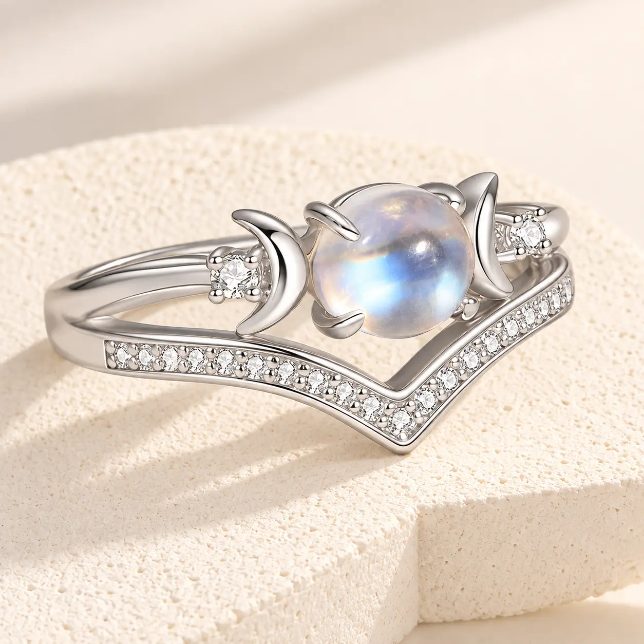 Women's Triple Moon Moonstone Ring Set, Witchy Boho Stackable Rings with Crescent Moon Motif & V-Shaped Band, Vintage-Inspired Copper Jewelry, US Sizes 6–9