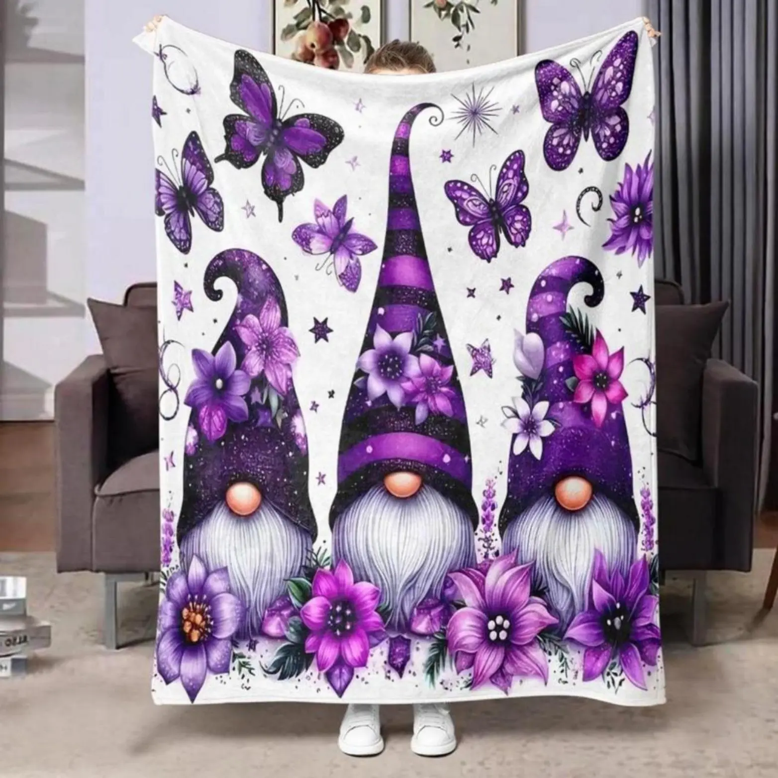 Soft Comfortable Funny Throw Blanket Gnome & Butterfly Pattern Blanket Warm Air-conditioned Room Warm Nap Blanket For Home Office Travel Camping,Christmas Holiday Gift for Women Girls