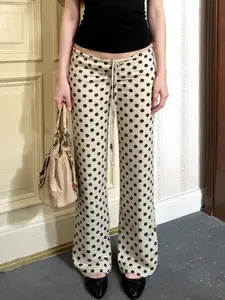 French Vintage Polka Dot Low Waist Knit Straight Leg Pants, Street Style Casual Home Colorblock Long Trousers Y2K Aesthetic Casual Lounge Pant, Casual Bohemian Trousers