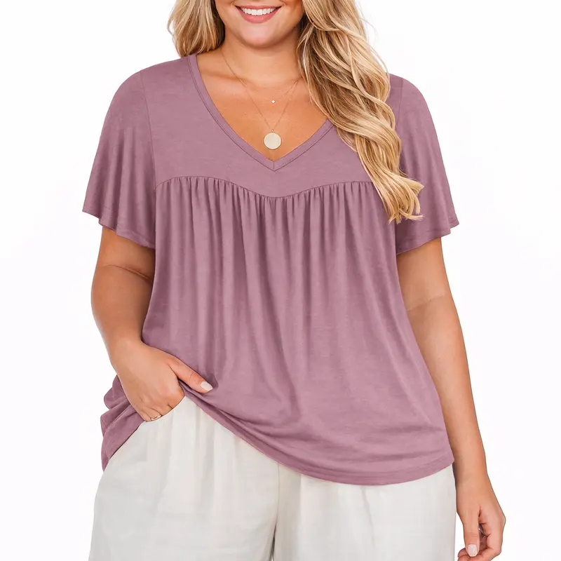 Women's Plus Size Fashion Loose Fit V-Neck Short Sleeve Pleated Ruffle Flowy Tunic Blouse Shirt - All Over Print, Smooth Stretchy Drapes, Comfy Basic Fabric, 2XL-5XL, Suitable for Thanksgiving, Valentines Day