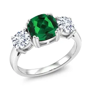 Gem Stone King 3.50 Cttw Green Nano Emerald and Moissanite 3 Stone Engagement Ring For Women | 925 Sterling Silver | Cushion 8MM | Three Stone Wedding Engagement Anniversary Ring For Women