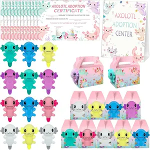 37 Pcs Adopt Axolotls Favors Birthday Decoration Include 12 Plush Axolotls 12 Goodie Boxes 12 Card 1 Stand for Mexcian Plush Adoption Supplies Classroom Rewards