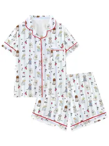 Summer Striped Dog Animal Print Cute Collar Short Sleeve Pajama Set, Pyjamas, Animal Print Pajamas, Comfortable Sleepwear & Loungewear for Home and Outdoors, Perfect Gift