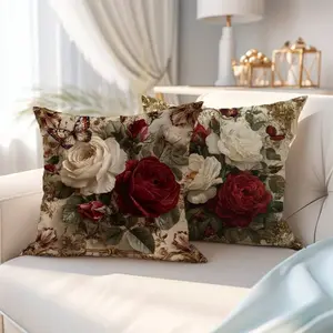 2pcs Luxury Vintage European Style Rose Floral Print Pillow Covers [No Pillow Insert], 17.7*17.7in(45*45cm)/19.69*19.69in(50*50cm)/15.75*15.75in(40*40cm), [Single-Sided Printing], Polyester Decorative Throw Pillow Covers For Sofa, Bed, Living Room, Bedroo