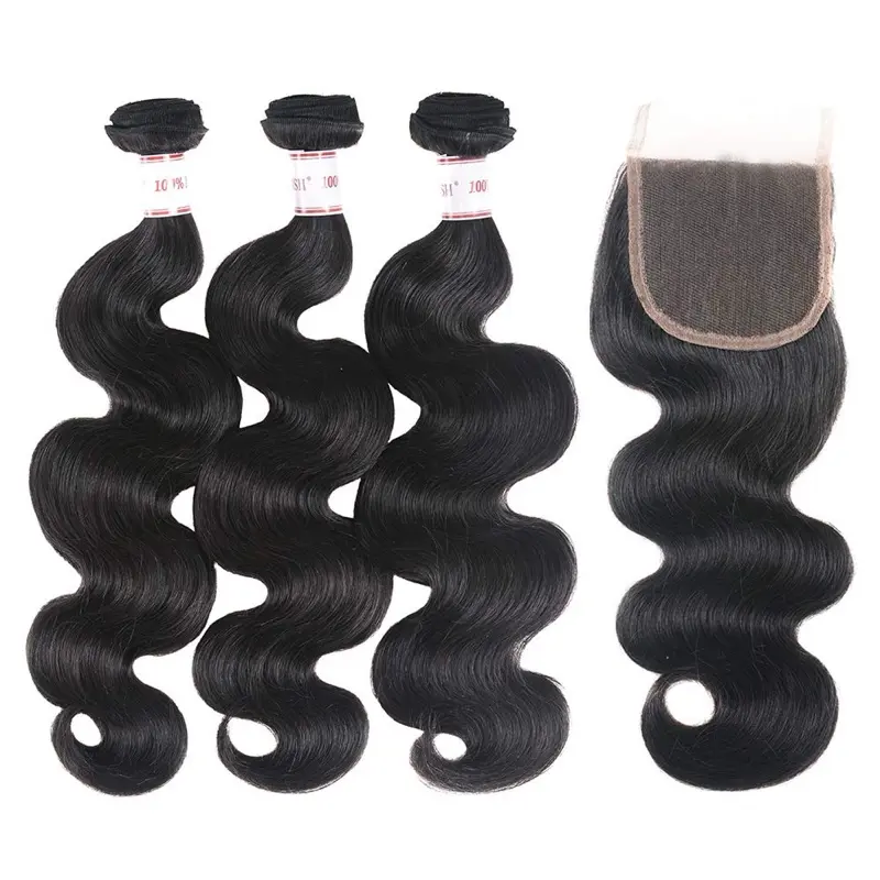 Lee Hair Factory Closure and 3 Bundles 10-32 Inch 100% Unprocessed Brazilian Virgin Hair 3 Bundles Human Hair Natural Colour Extensions Quick Weave