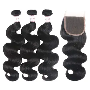 Lee Hair Factory Closure and 3 Bundles 10-32 Inch 100% Unprocessed Brazilian Virgin Hair 3 Bundles Human Hair Natural Colour Extensions Quick Weave