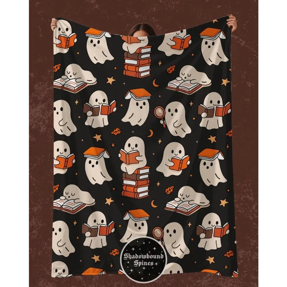 Ghostie Readers Plush Flannel Blanket - Spooky Book Lover Bedding Throw, Cozy Flannel Material, Extra Warm, Most Intimate Companion, Perfect for Travel and Backpacking, Ideal for Reading, Enjoy While Watching TV, Book Lover Gifts, Provide Extra Warmth