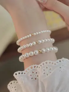 3-piece fashionable and elegant style with different sizes of transfer bead string bracelet set, exquisite and versatile, light luxury retro imitation pearl elastic bracelet, suitable for women's daily party wearing jewelry