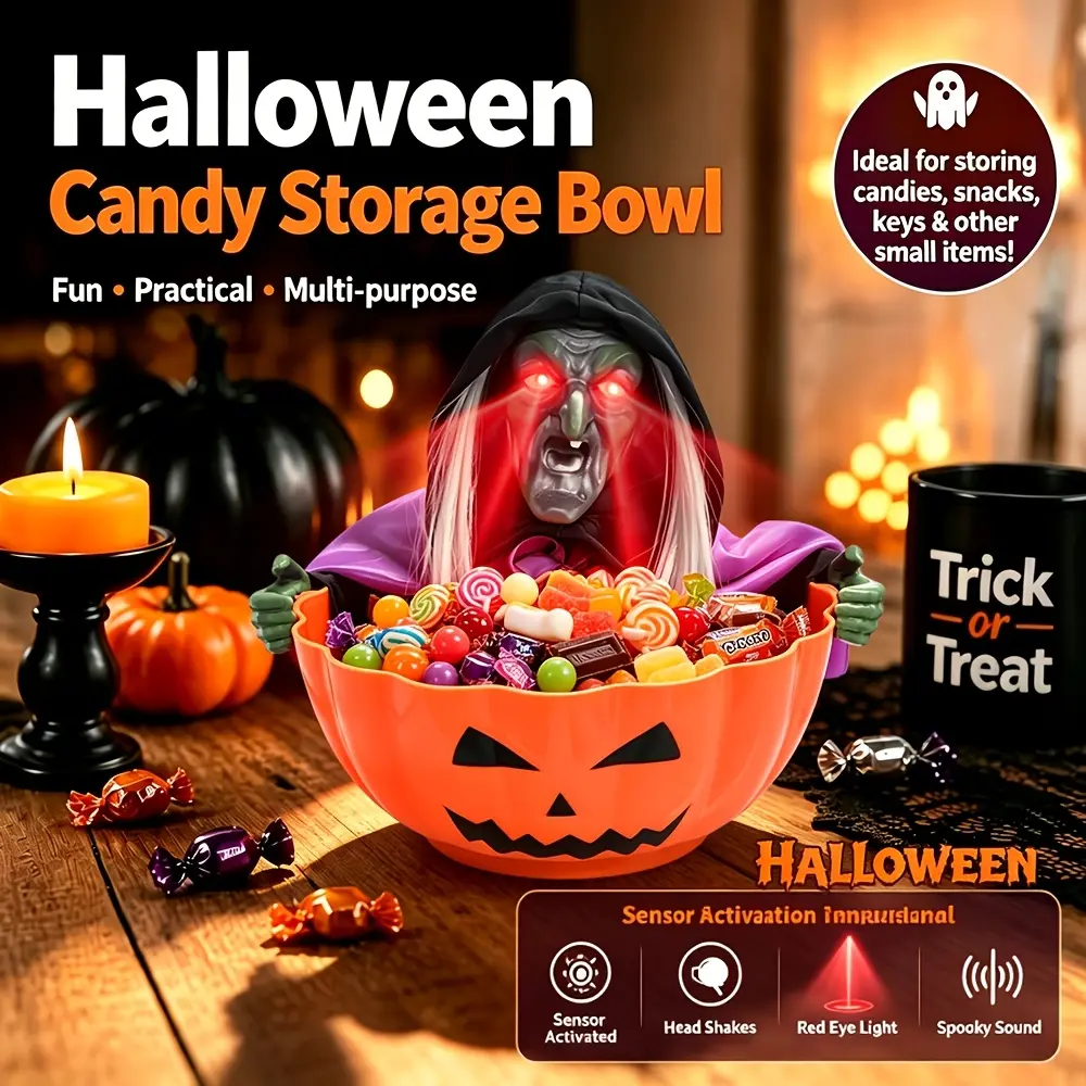 Touch-Sensor Halloween Candy Bowl - Dynamic Witch/Skeleton Novelty Table Lamp Ornament with Nodding Head, Red Glowing Eyes, Spooky Sound Effects for Trick-or-Treat halloweendecor