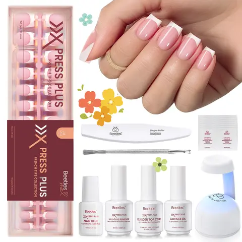 Beetles X Press Plus Acrylic Press On Nails Tips - French Tip, Square/Squoval/Almond Shapes, Thick DIY Easy Nail Art Supplies, No File Needed, Back to School Gifts for Women #Summervibes