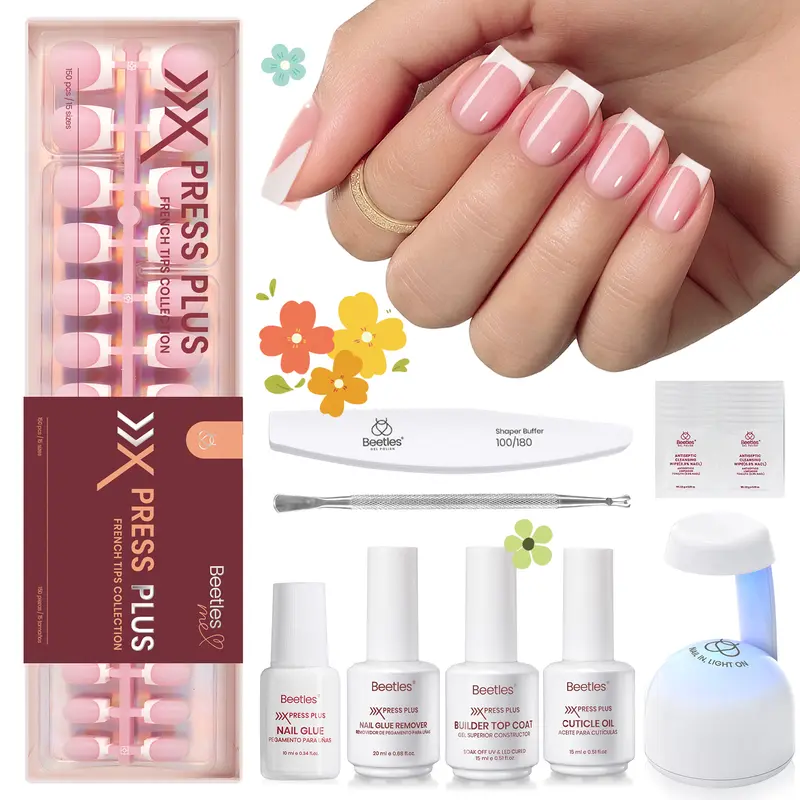 Beetles X Press Plus Acrylic Press On Nails Tips - French Tip, Square/Squoval/Almond Shapes, Thick DIY Easy Nail Art Supplies, No File Needed, Back to School Gifts for Women #Summervibes