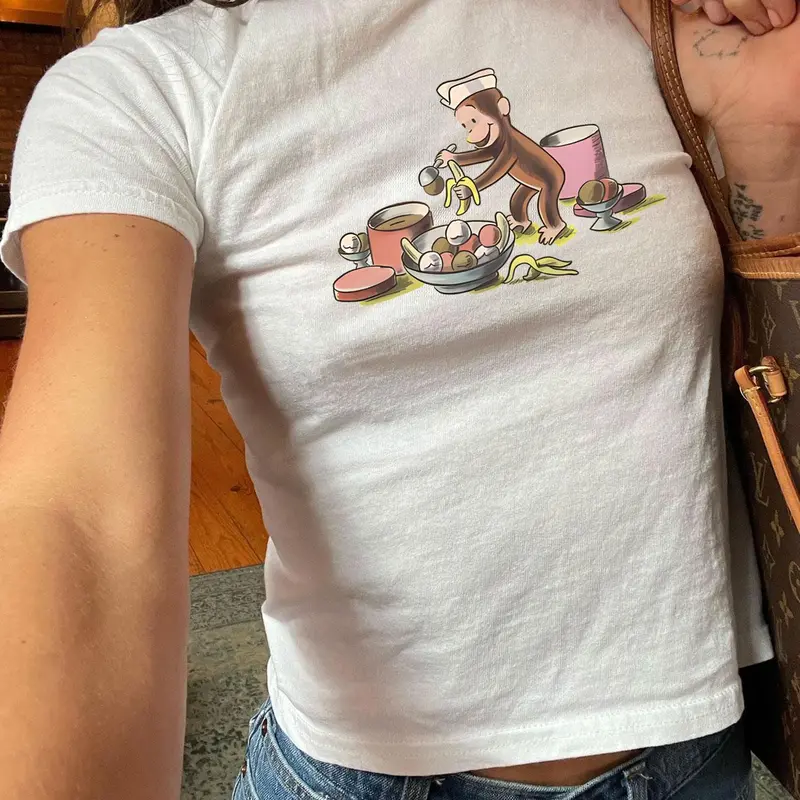 Women's Vintage Cartoon Monkey Print Round Neck Tee Top, Casual Slim-fitting Short Sleeve T-shirt, Ladies Summer Clothes for Daily Wear, Womenswear
