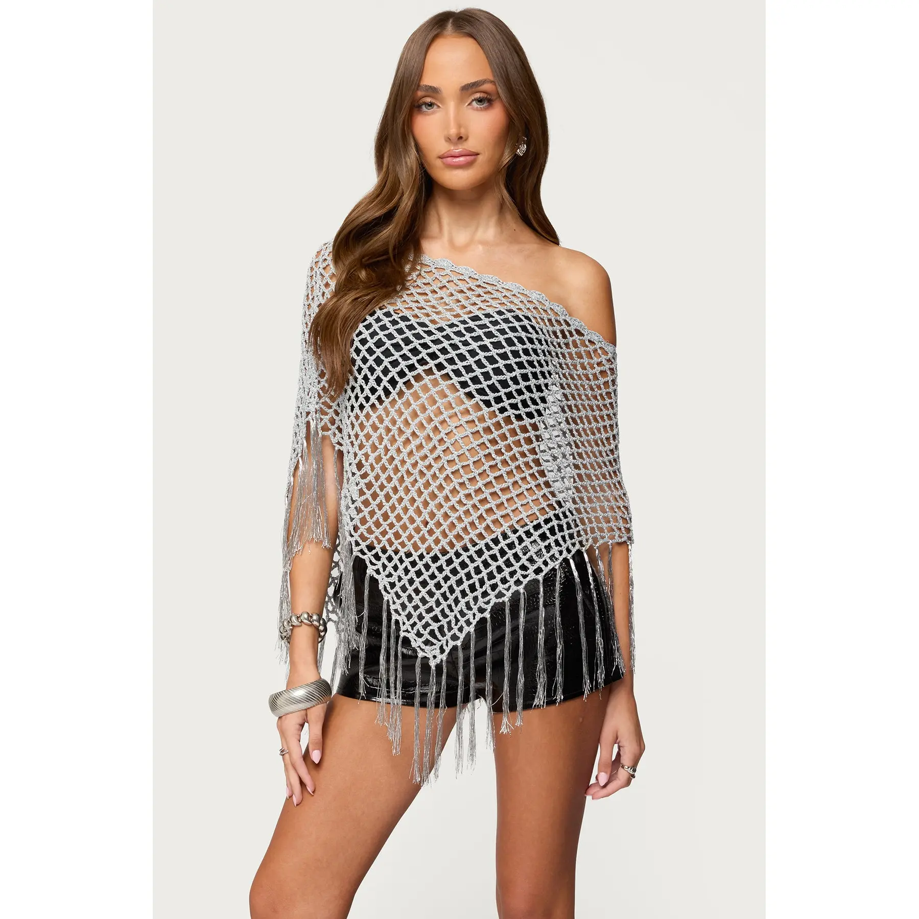 Evette Fringe Open Knit Metallic Poncho Evette Fringe Open Knit Metallic Poncho