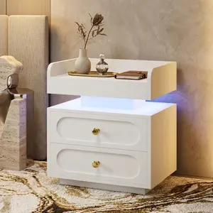 Modern Nightstand with Charging Station LED Light Bedside Table 2 Drawers Gold Handle White Black Floating Style Elegant Appearance