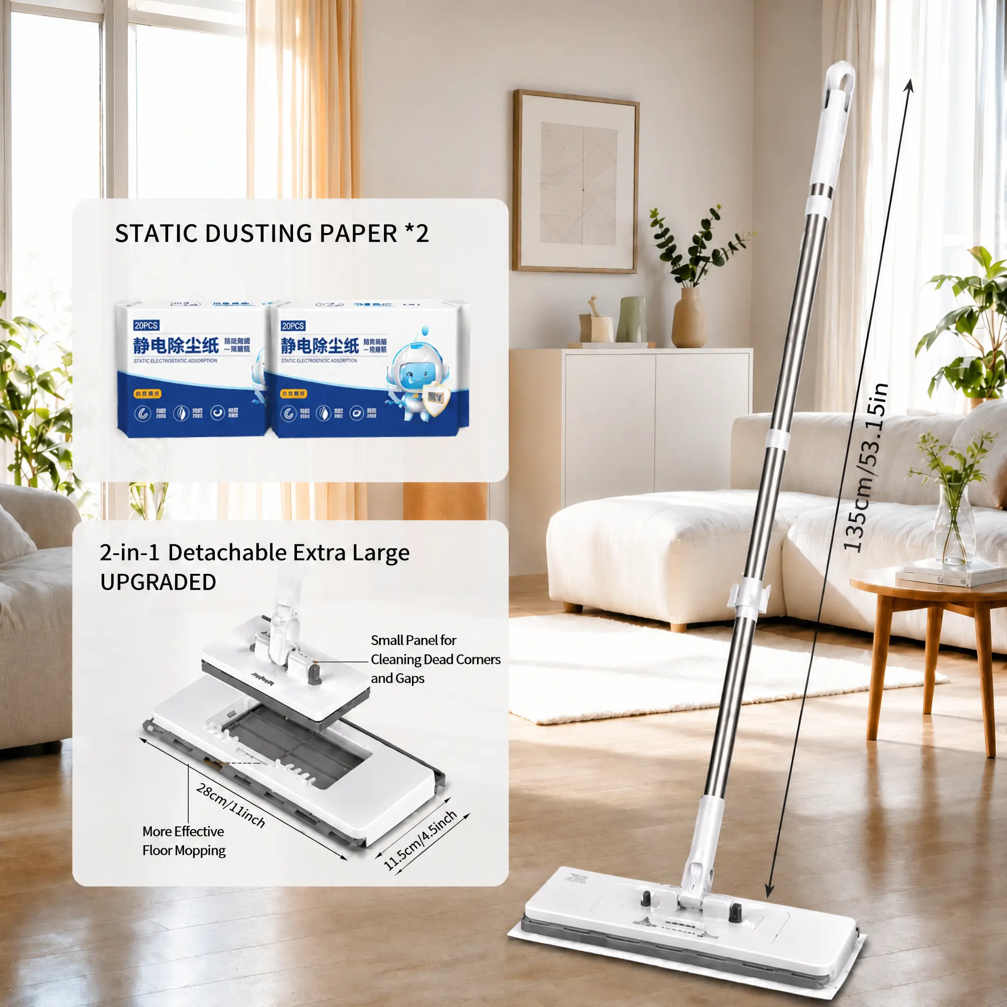 Hands Free Flat Mop with Mini Sweeper Mop,2-in-1 Disposable Dust Mop with 53" Long Handle,Microfiber Mops for Floor Cleaning,No-Touch, Multi Surface Floor Cleaning，Disposable Swiffer Pad Compatible