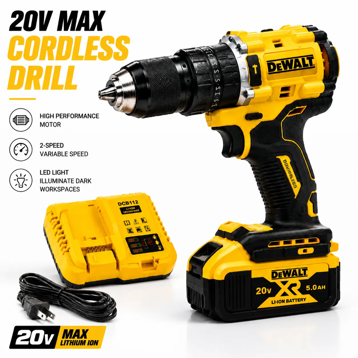 []DEWALT Cordless Drill Kit, Drilling & Screwdriving, Durable Metal Gear & High-Strength Plastic Housing, Powerful Torque, Long-Lasting Battery, Compact Power Tool, DIY Projects, Home Repair, Garage, Workshop