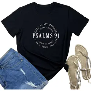 Psalms 91 God Is My Refuge T-Shirt  Cotton Women, Christian Bible Verse Graphic Tee, Religious Inspirational Casual Top