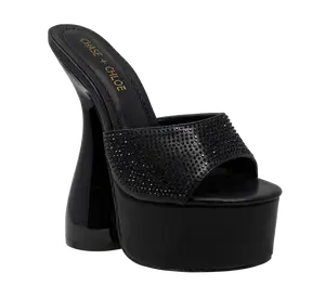 Chase+Chloe Rhinestone Band With Bottle Shape Platform Heel Open Toe Slip On for Women Walking Shoes Girl